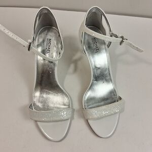 MICHAEL KORS White Glitter Heels Sandals Women’s 8.5M Sparkle Ankle Strap Party
